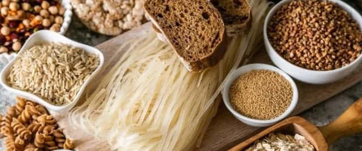 Gluten free diet concept - selection of grains and carbohydrates for people with gluten intolerance, copy space
